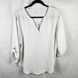 Maurices Womens Size XL‎ White Tunic Roll Tab Sleeves V-Neck Sheer